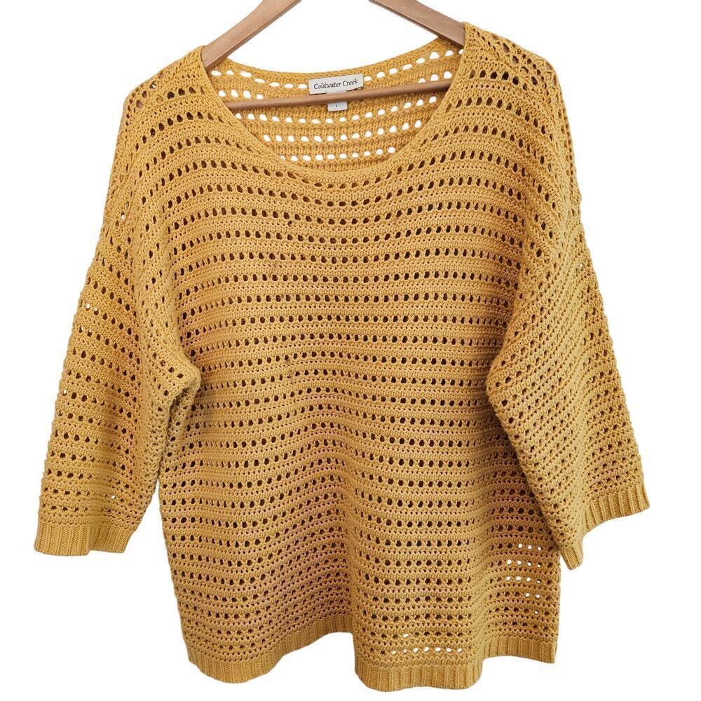 Coldwater Creek Knit Sweater Women Large Yellow Soft Cozy Pull Over Crochet Boho